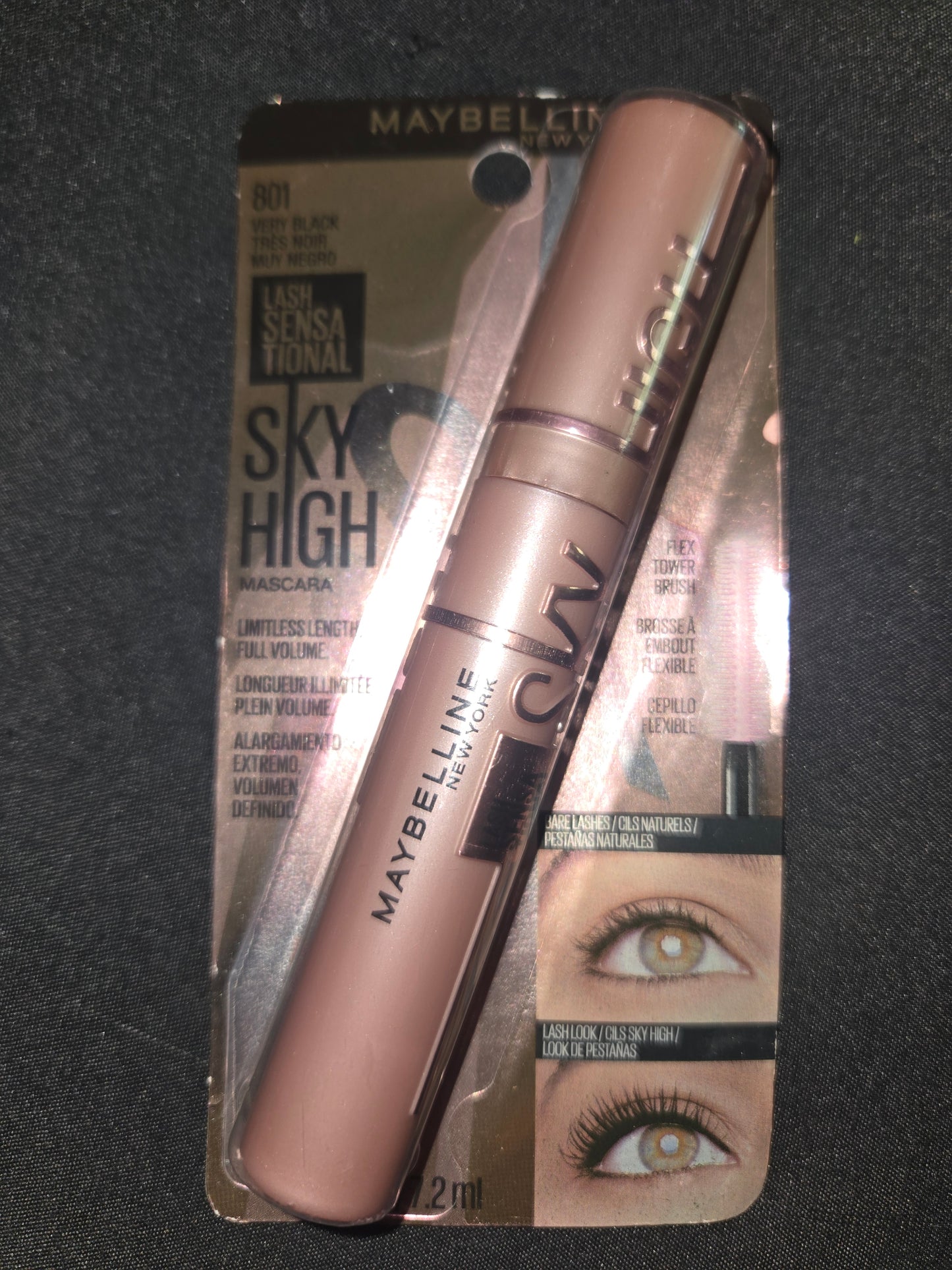 The image shows Maybelline Lash Sensational Sky High Mascara in Very Black (shade 801).