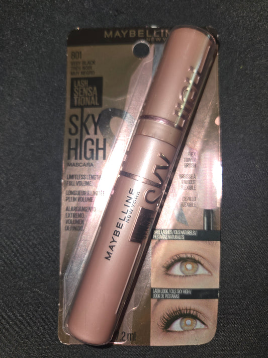 The image shows Maybelline Lash Sensational Sky High Mascara in Very Black (shade 801).